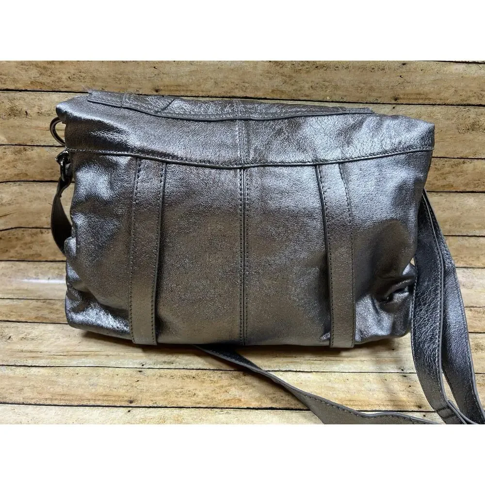 The Sak Metallic Pewter Leather Flap Crossbody Bag Shoulder Purse Boho